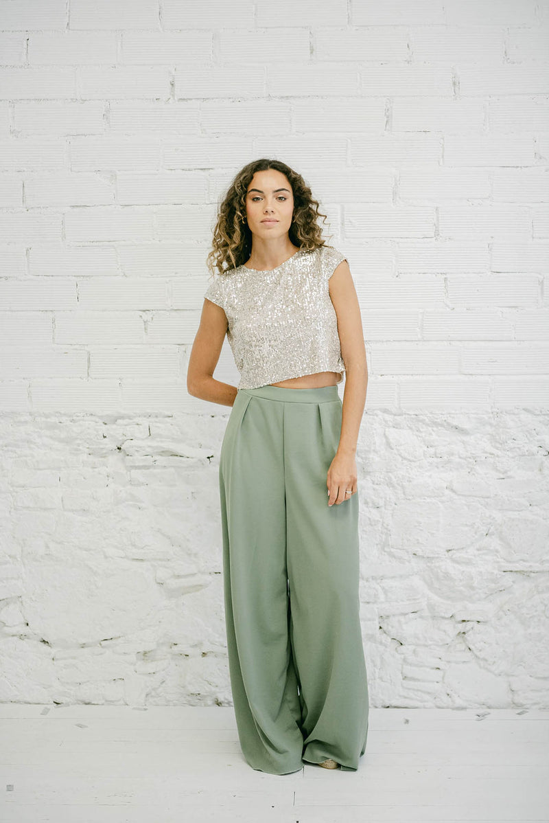 Wedding Guest Outfit with Sequin Top with Back Opening and Green Pants