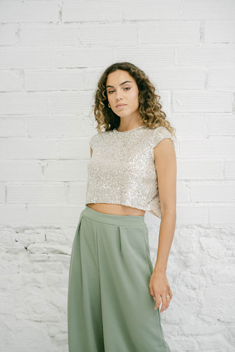 Wedding Guest Outfit with Sequin Top with Back Opening and Green Pants