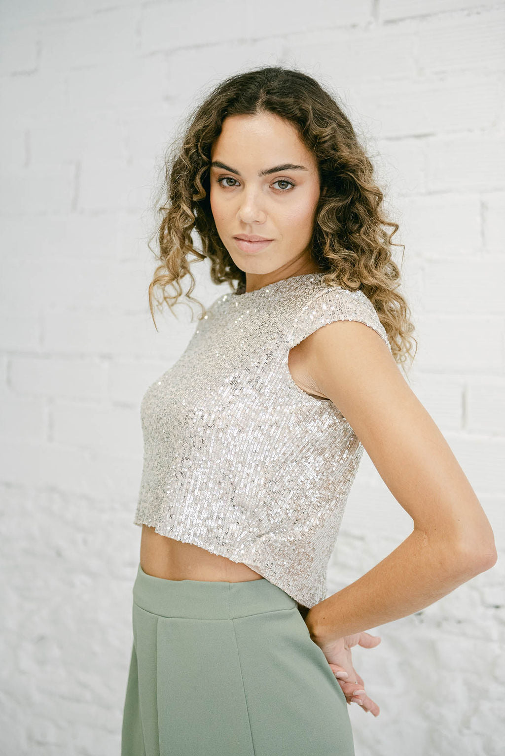 Wedding Guest Outfit with Sequin Top with Back Opening and Green Pants