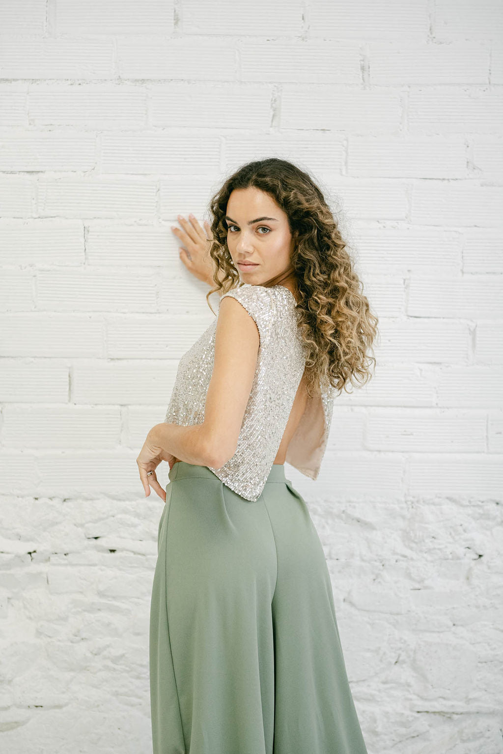Wedding Guest Outfit with Sequin Top with Back Opening and Green Pants