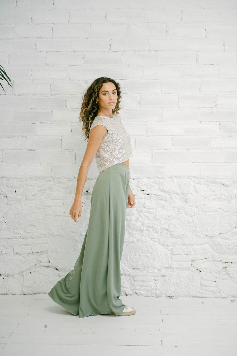 Wedding Guest Outfit with Sequin Top with Back Opening and Green Pants