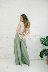 Wedding Guest Outfit with Sequin Top with Back Opening and Green Pants