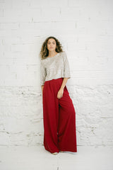 Two-Piece Wedding Guest Outfit: Silver Sequins and Burgundy Palazzo