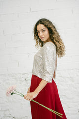 Two-Piece Wedding Guest Outfit: Silver Sequins and Burgundy Palazzo