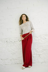 Two-Piece Wedding Guest Outfit: Silver Sequins and Burgundy Palazzo