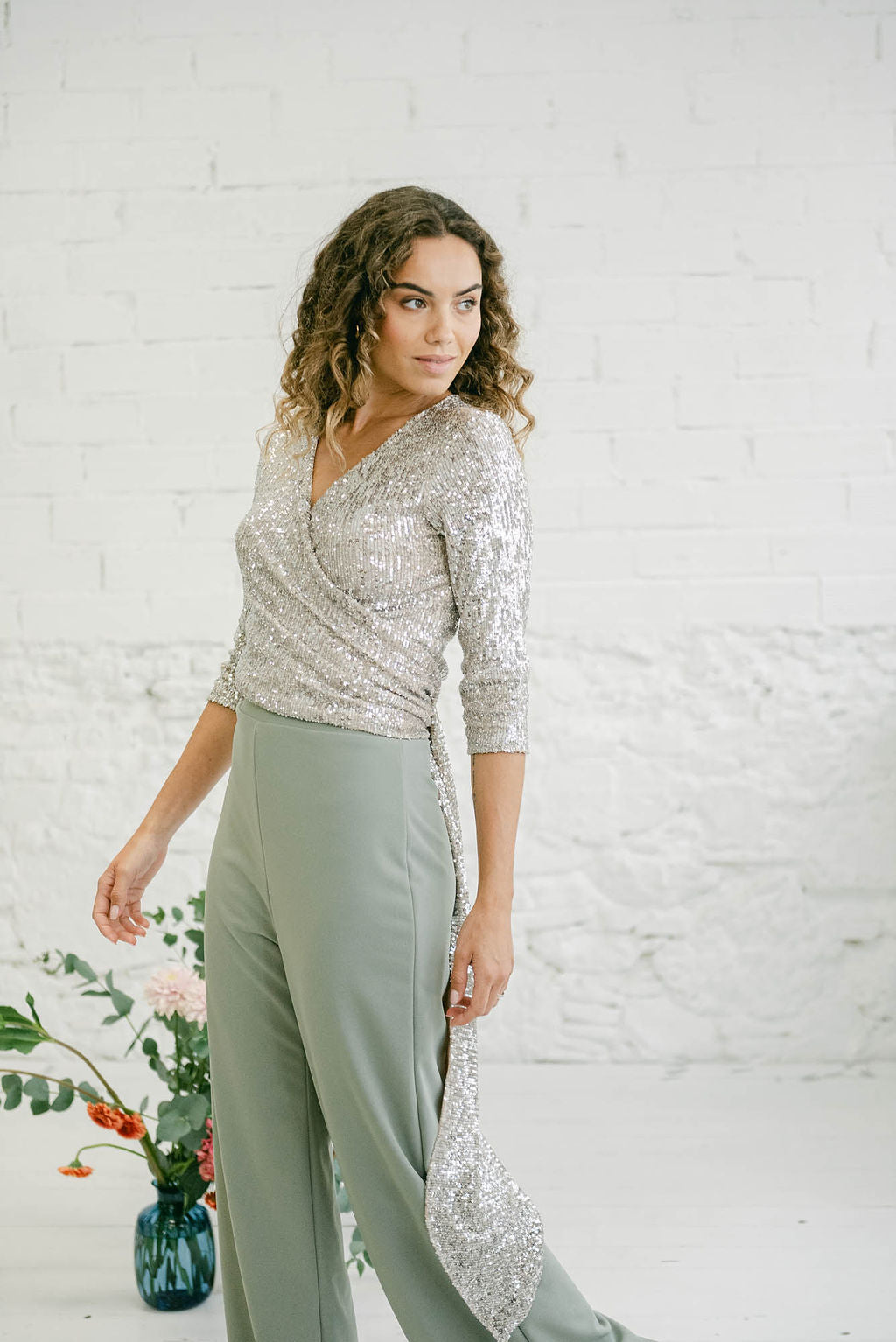 Two-Piece Wedding Guest Outfit with Multi-Position Sequin Top and Green Palazzo