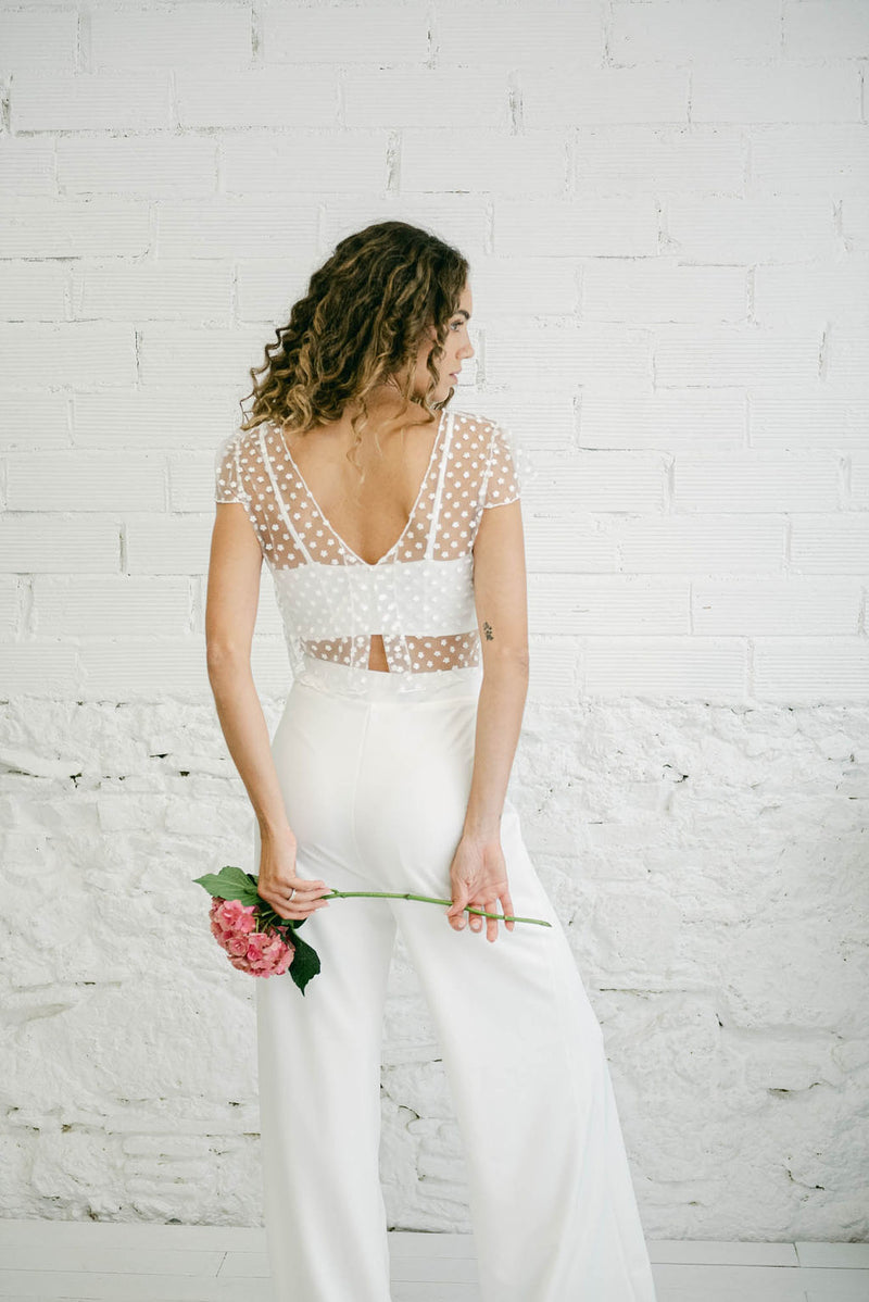 Conjunto de Novia con Transparencias, Top con Escote Corazón, Pantalón y Crop Top de Tull con Florecitas