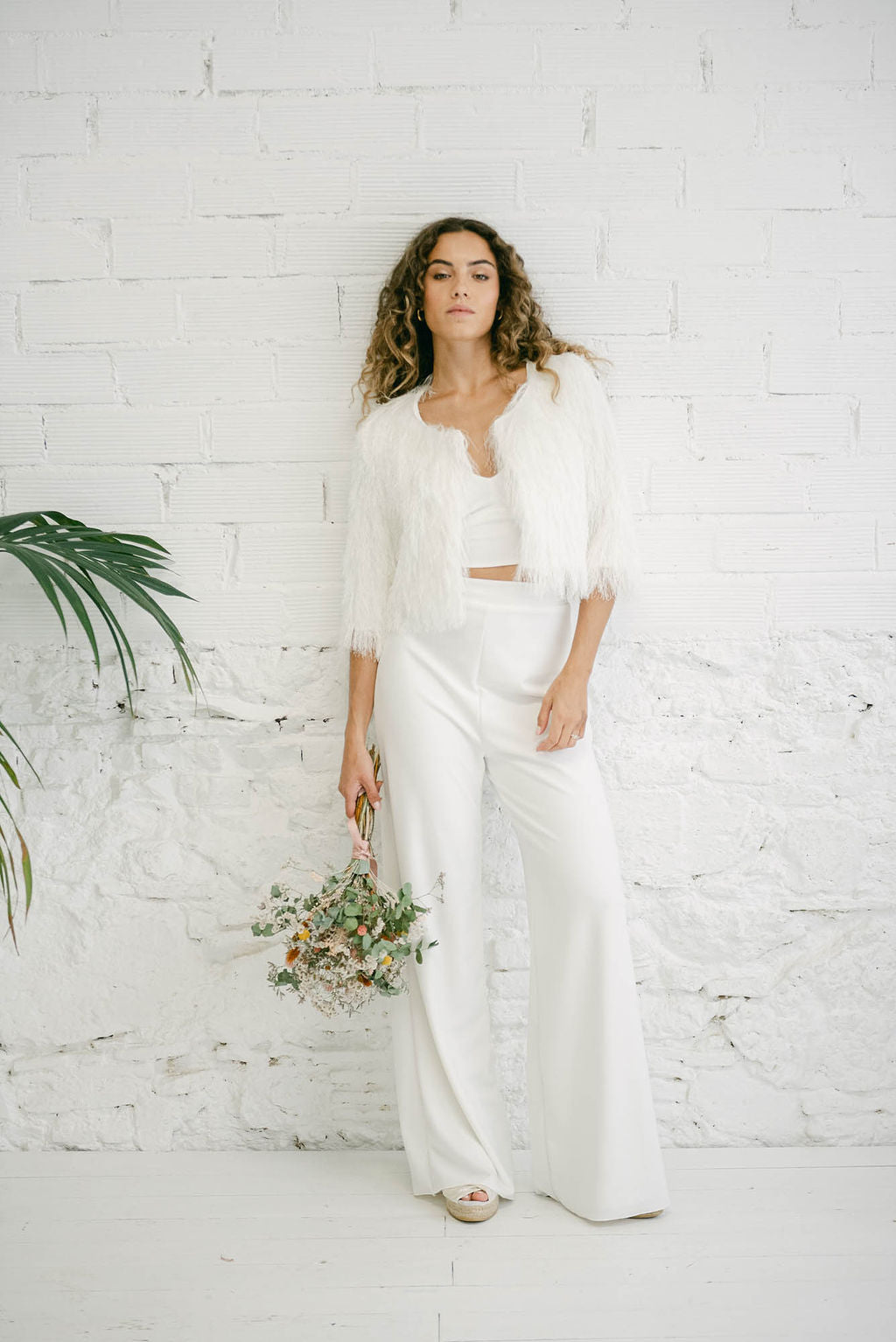 Wedding Dress with Top, Straight Trousers, and Fur Coat