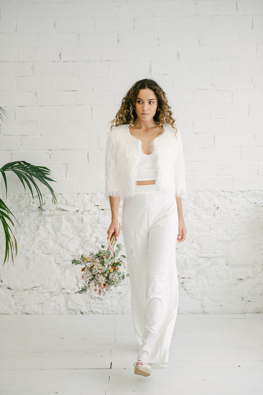 Wedding Dress with Top, Straight Trousers, and Fur Coat