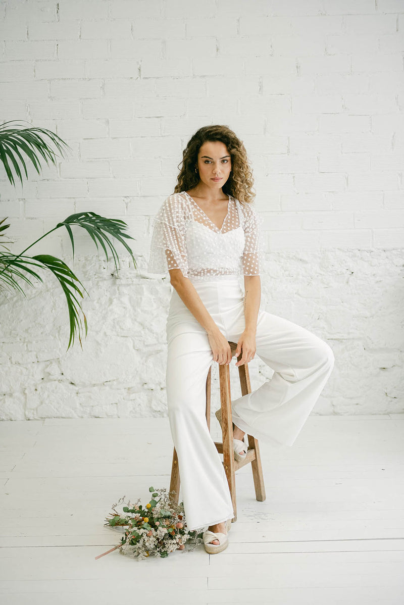 Vestido de Novia Boho con Bolero de Tul con Bordado de Flores