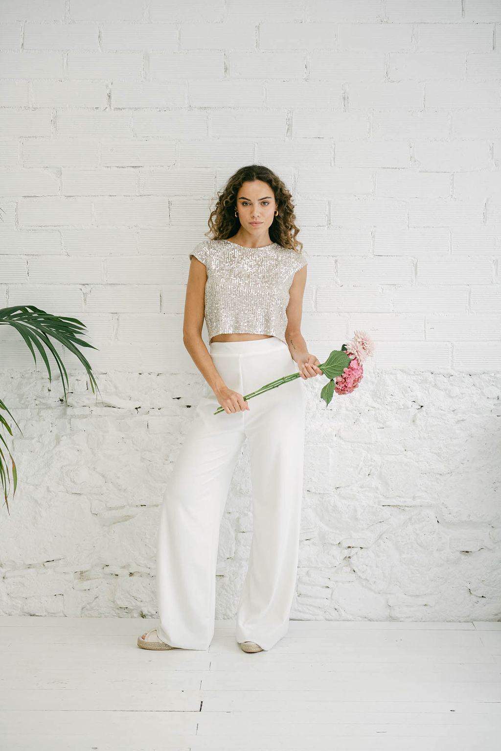 Conjunto de Novia de Dos Piezas | Crop Top de Lentejuelas y Pantalón Palazzo
