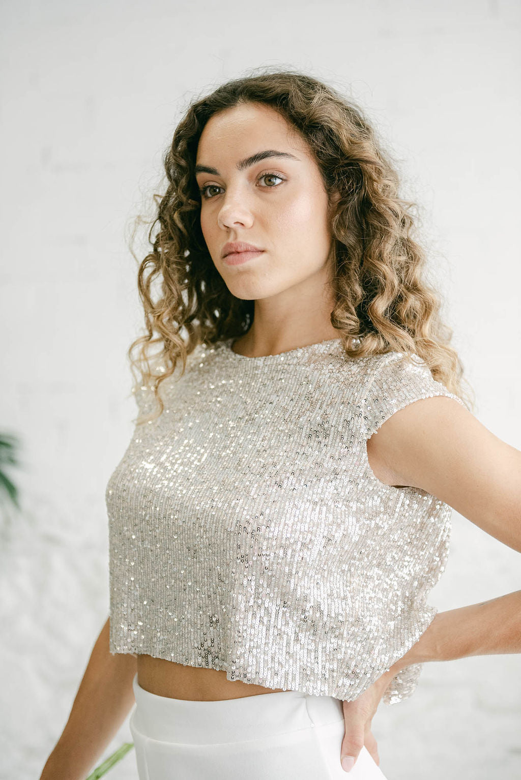 Conjunto de Novia de Dos Piezas | Crop Top de Lentejuelas y Pantalón Palazzo