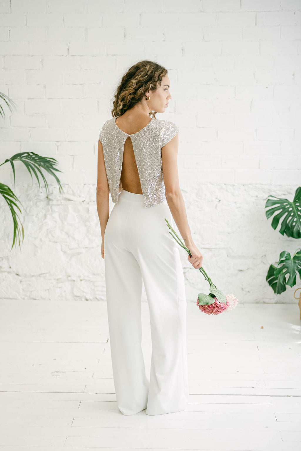 Conjunto de Novia de Dos Piezas | Crop Top de Lentejuelas y Pantalón Palazzo