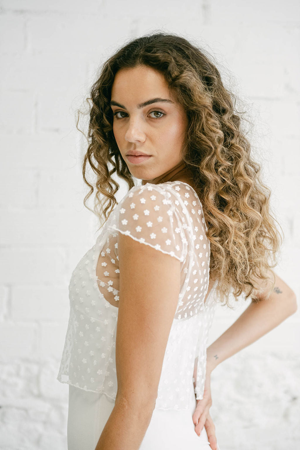 Wedding Dress with Embroidered Crop Top with Small White Flowers
