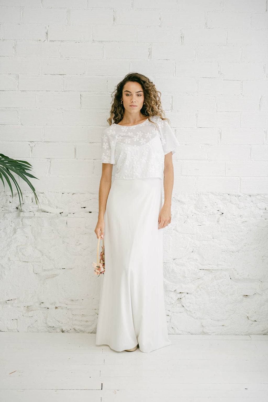 Long Wedding Dress with Spaghetti Straps and Multi-Position White Flower Bolero