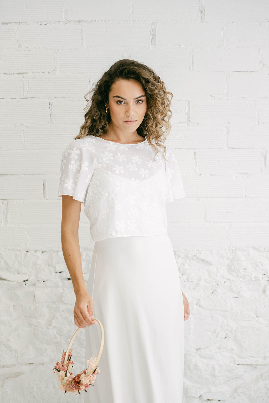 Long Wedding Dress with Spaghetti Straps and Multi-Position White Flower Bolero
