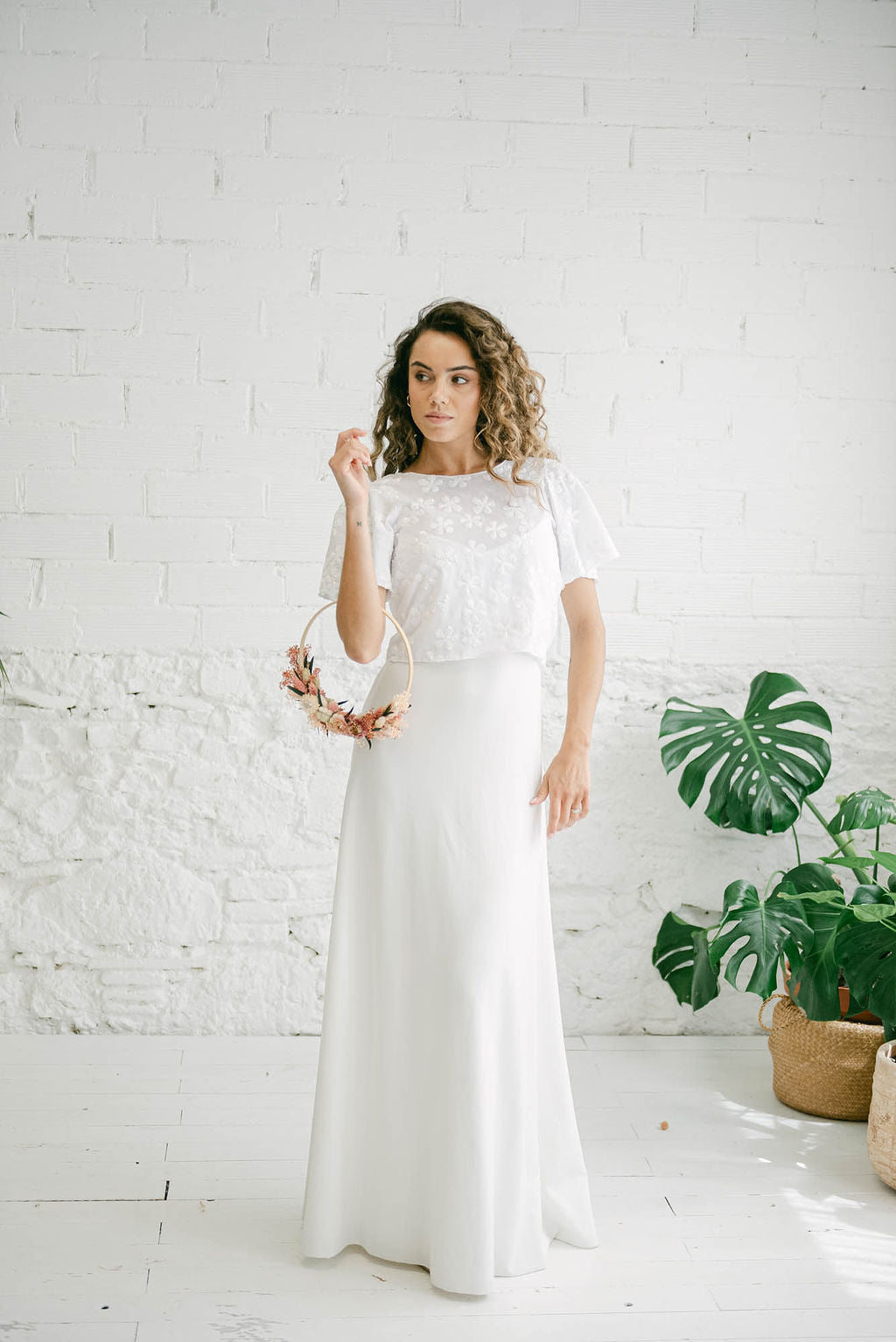 Long Wedding Dress with Spaghetti Straps and Multi-Position White Flower Bolero