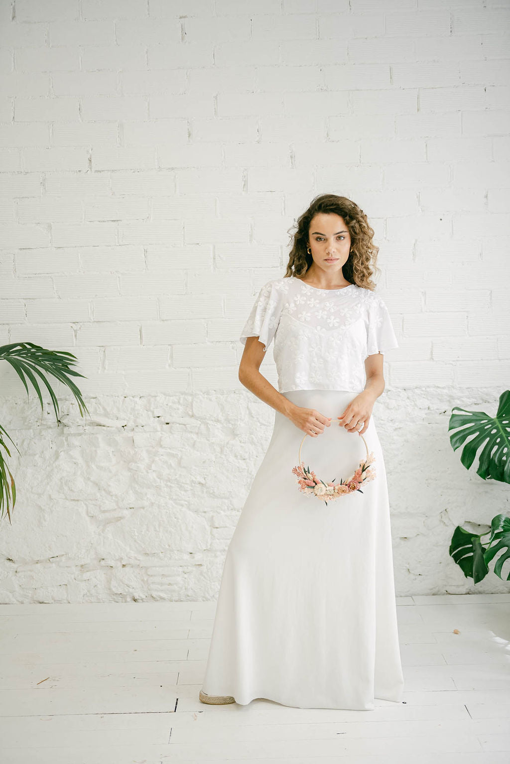 Long Wedding Dress with Spaghetti Straps and Multi-Position White Flower Bolero
