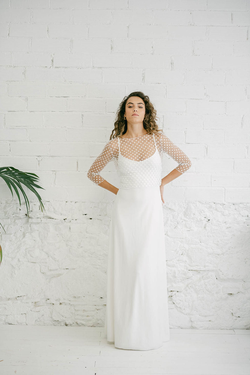 Long Wedding Dress with Spaghetti Straps and Flower Tulle Bolero