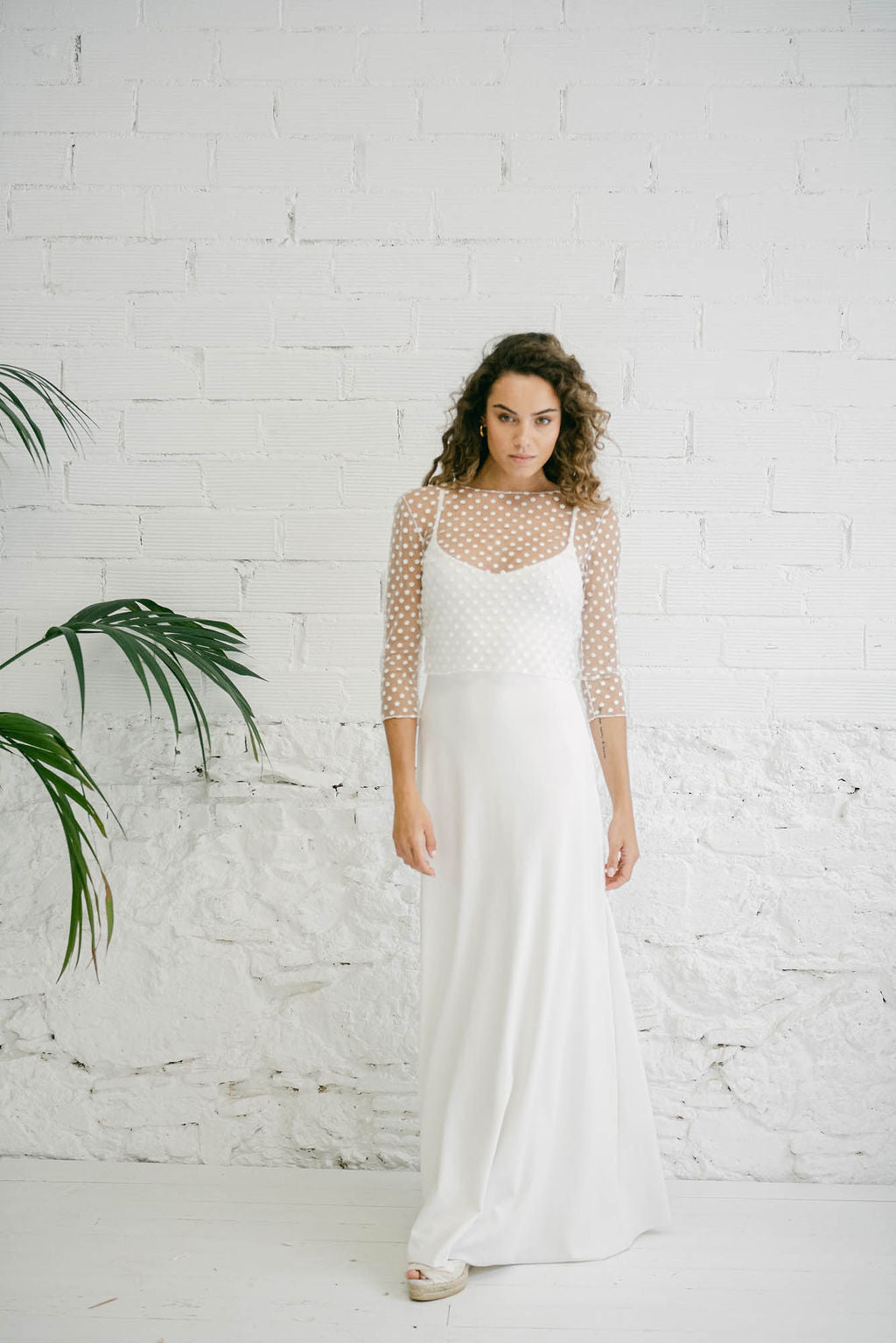 Long Wedding Dress with Spaghetti Straps and Flower Tulle Bolero