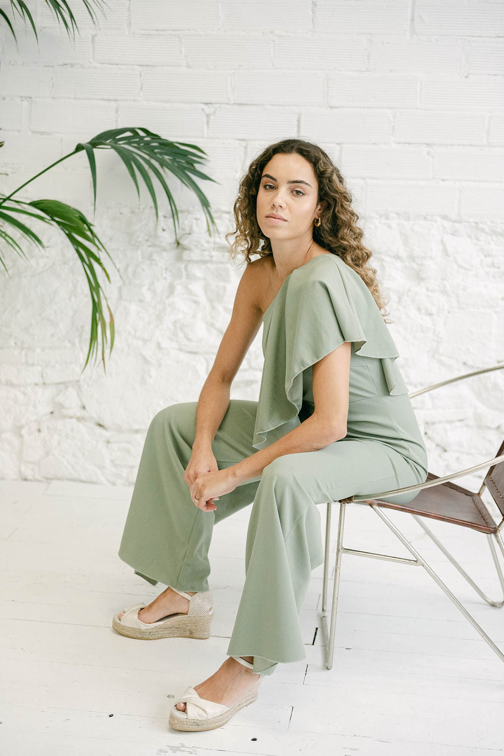 Long Green Moss One-Shoulder Jumpsuit