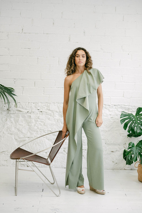 Long Green Moss One-Shoulder Jumpsuit