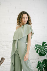 Long Green Moss One-Shoulder Jumpsuit