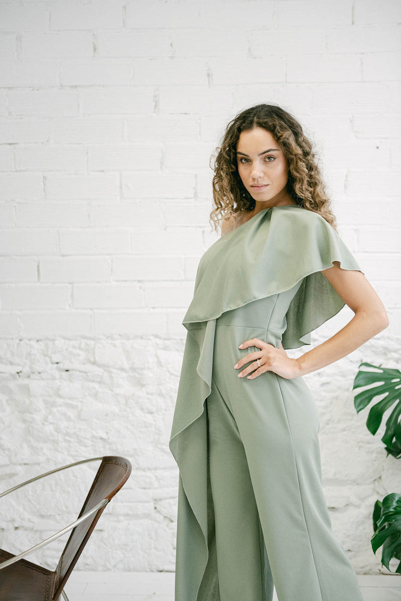 Long Green Moss One-Shoulder Jumpsuit