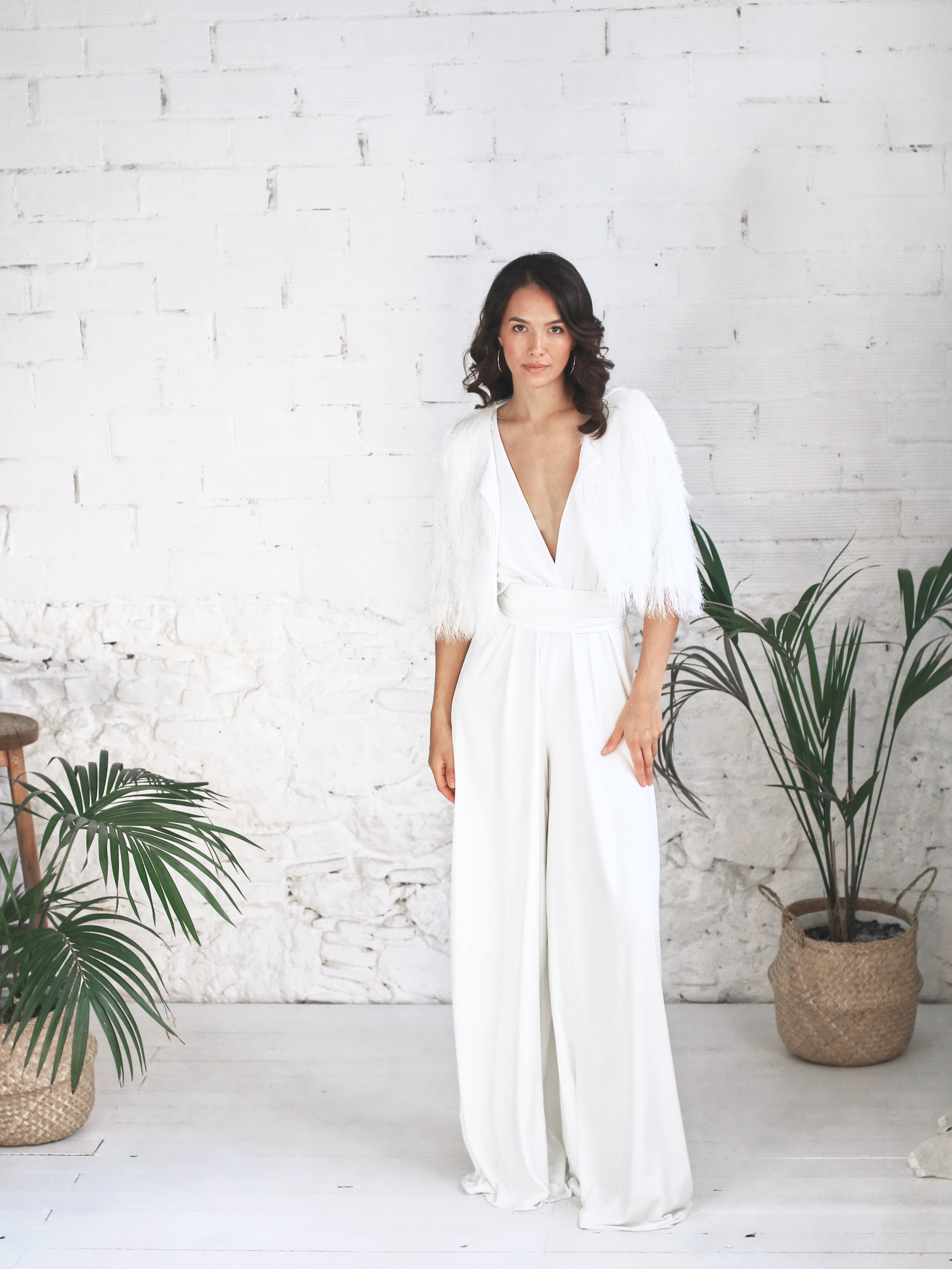 Bridal jumpsuit with short fur jacket