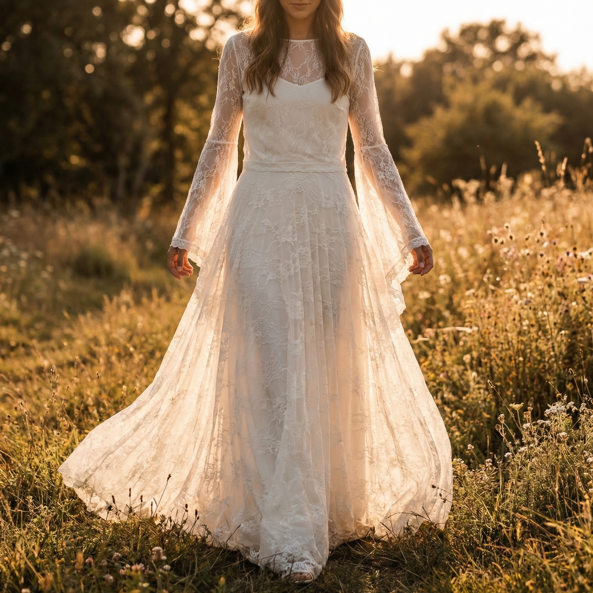Sobrecapa de novia de encaje con mangas y cola | Bridal Topper Boho