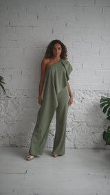 Long Green Moss One-Shoulder Jumpsuit