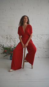 Multi-Position Jumpsuit for Wedding Guest with Long Terracotta Trousers