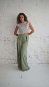 Wedding Guest Outfit with Sequin Top with Back Opening and Green Pants