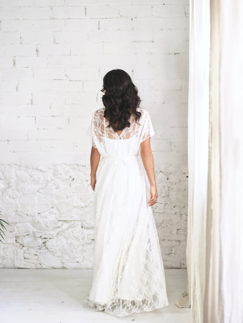Wedding dress with Greek style lace overdress
