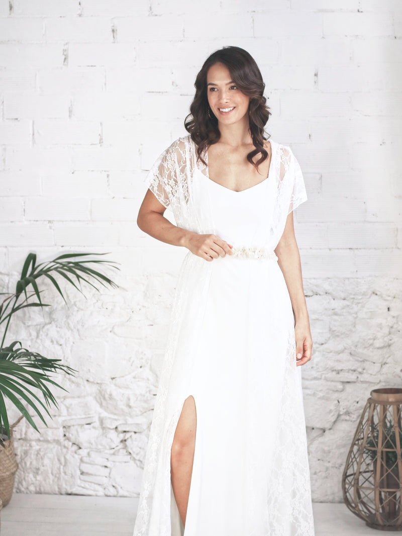 Side slit wedding dress with lace overdress