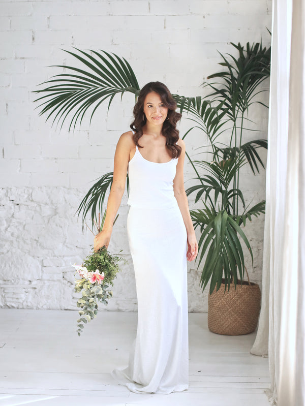 Two-piece mermaid style wedding dress in white micro sequin
