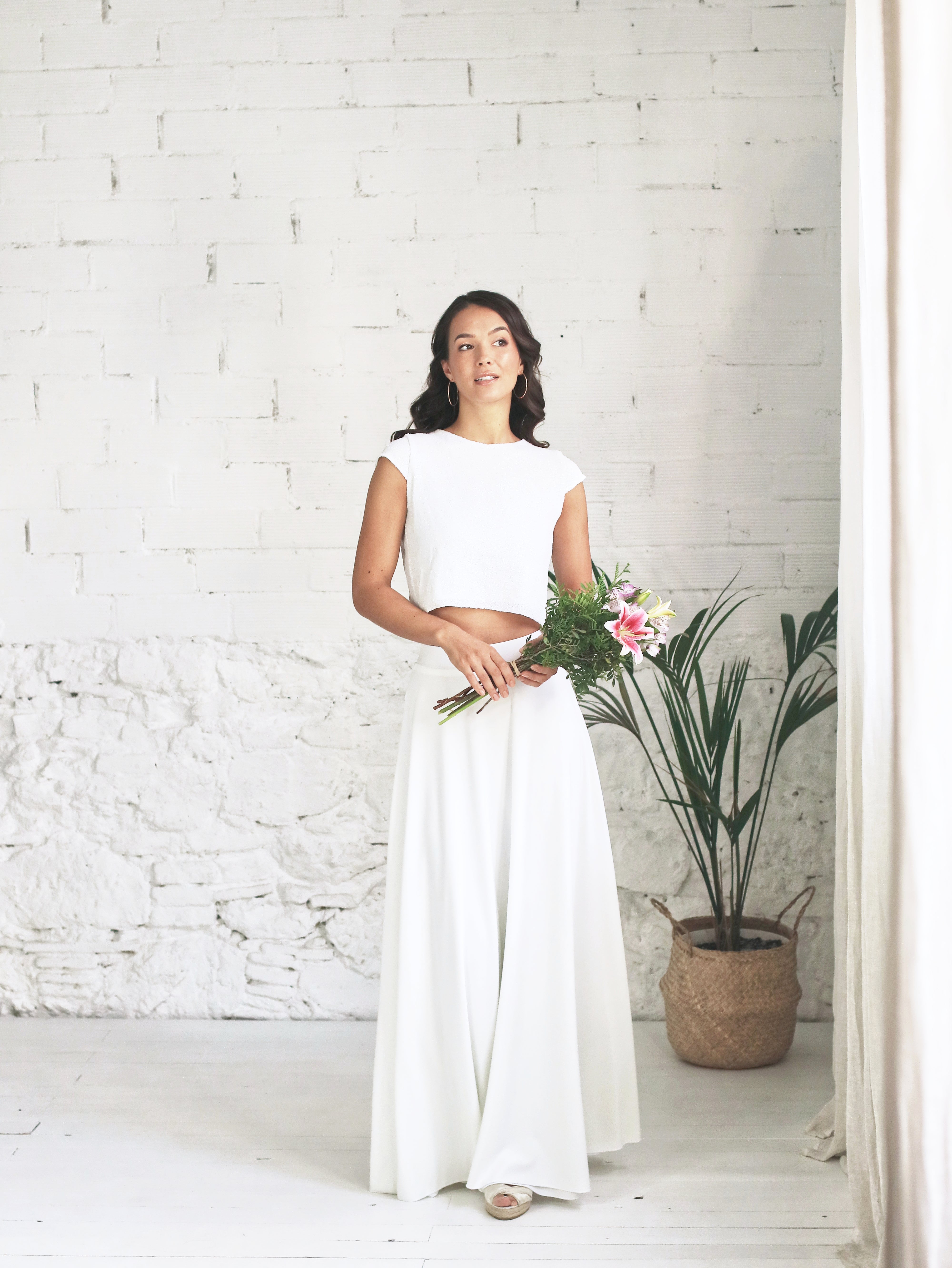 Micro Sequins Decorated Crop Top Bridal Dress