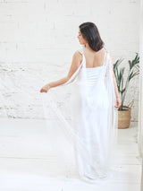White micro sequin wedding dress with tulle wings