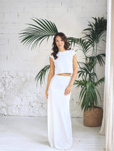 Wedding dress with mermaid skirt and short sleeve crop top with white miro sequin