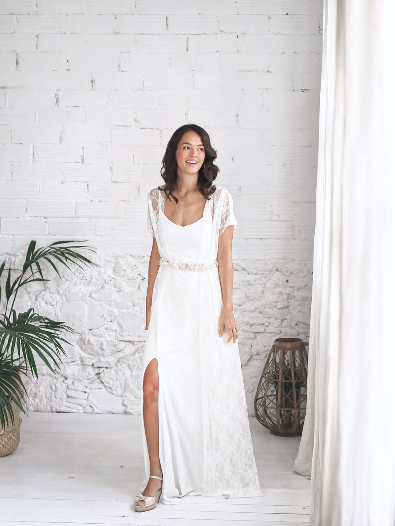 Side slit wedding dress with lace overdress