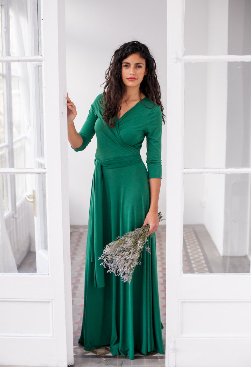 Green long wrap dress online