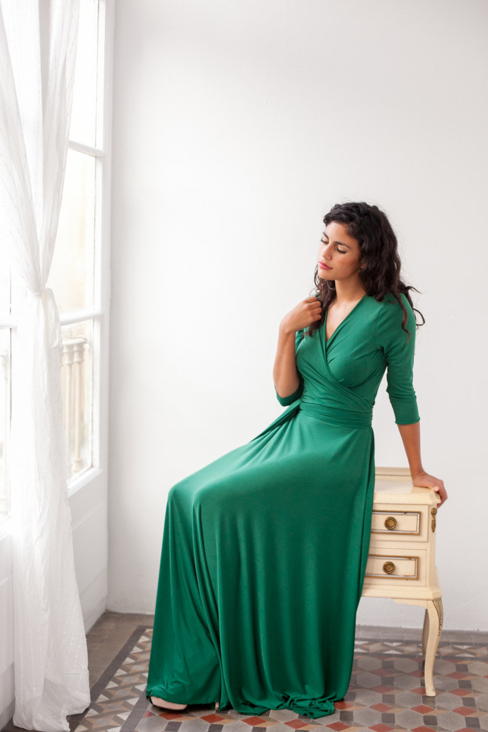 fitted lace wedding dress Green convertible wrap dress - Frida Essential Long