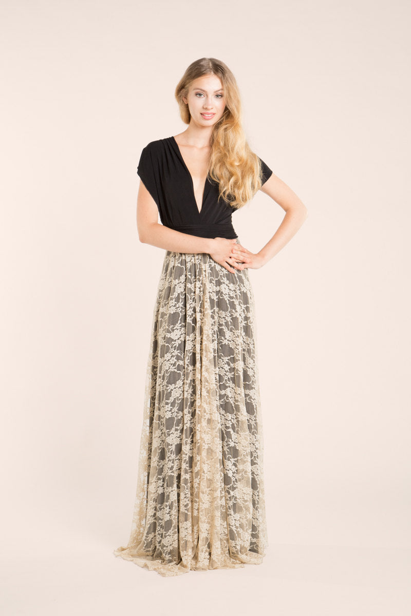 Black and golden lace long dress, golden lace long event dress, elegant black and golden lace gown, black lace gown, custom made