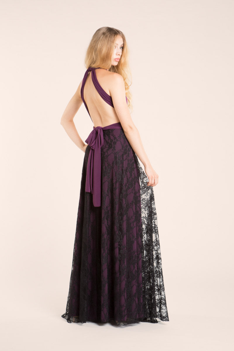 Long purple lace dress, aubergine lace dress, long purple dress, black lace aubergine dress, eggplant lace gown, black lace brid