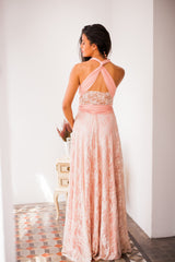 Golden lace bridesmaid dress, peach bridesmaid dress, golden lace dress, blush pink lace dress, convertible dress lace, romantic