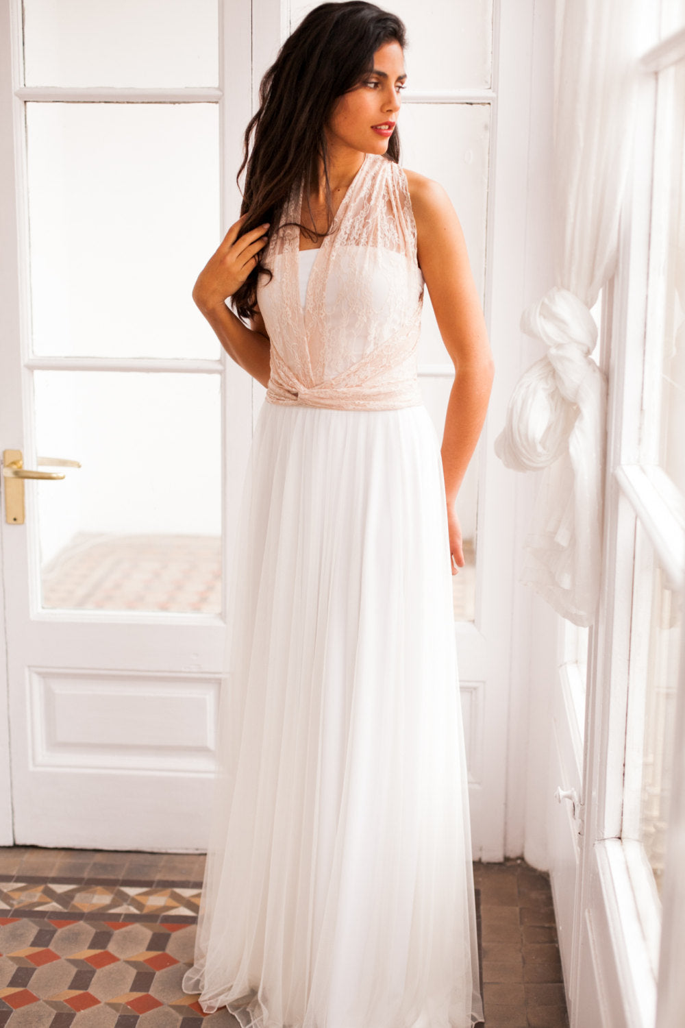Lace wedding dress with tulle skirt, lace and tulle wedding dress, rose gold wedding dress, bohemian lace wedding dress, tulle w