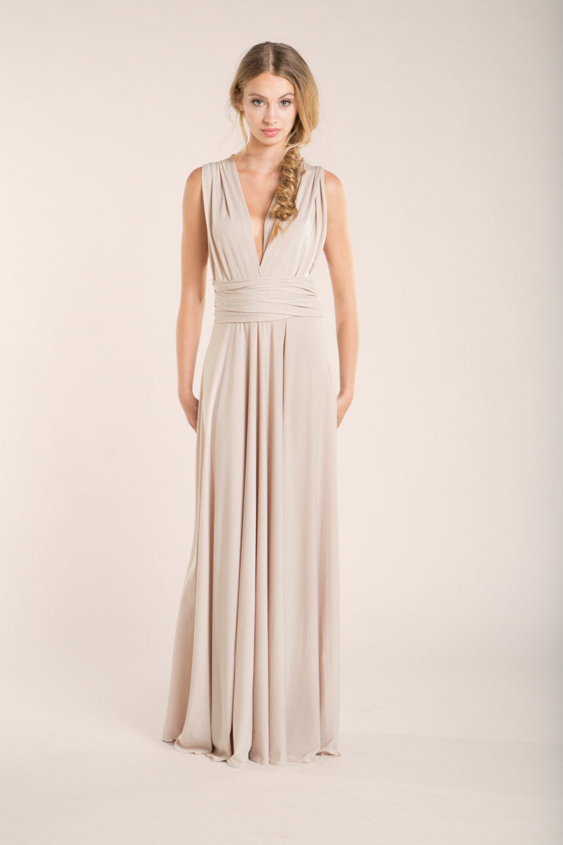 Beige maternity dress, long champagne maternity dress, nude maternity friendly dress, convertible maternity dress, baby shower m