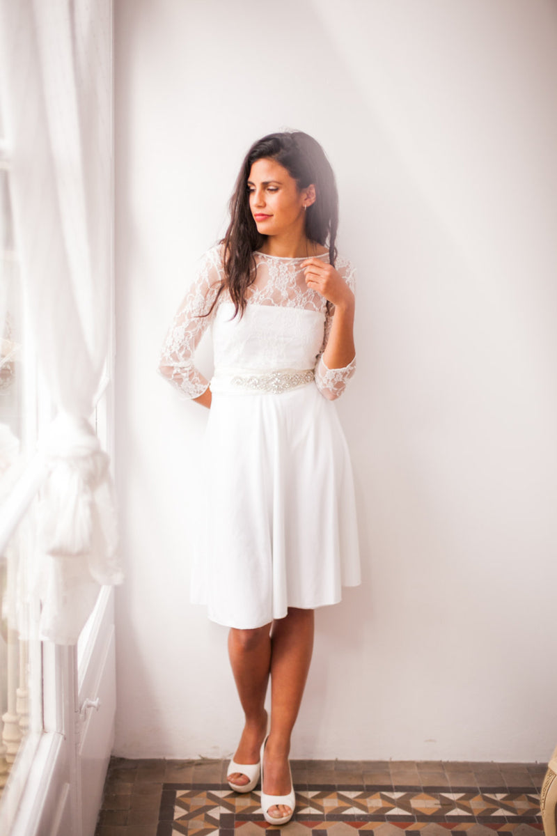 Short wedding dress with sleeves, lace wedding reception dress, white dress, long sleeve lace wedding dress, short civil bridal
