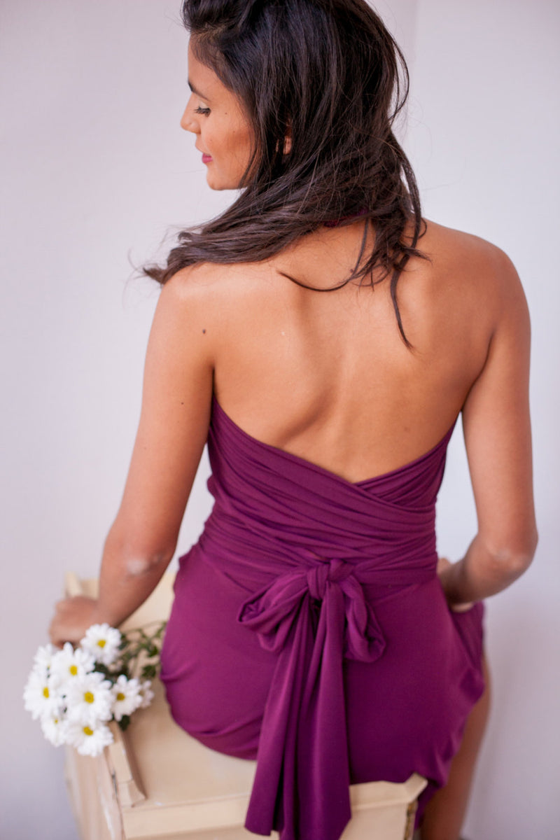 Short burgundy dress, 3/4 sleeve wrap dress, knee-length gown, short dress marsala, convertible party dress cocktail dress, brid