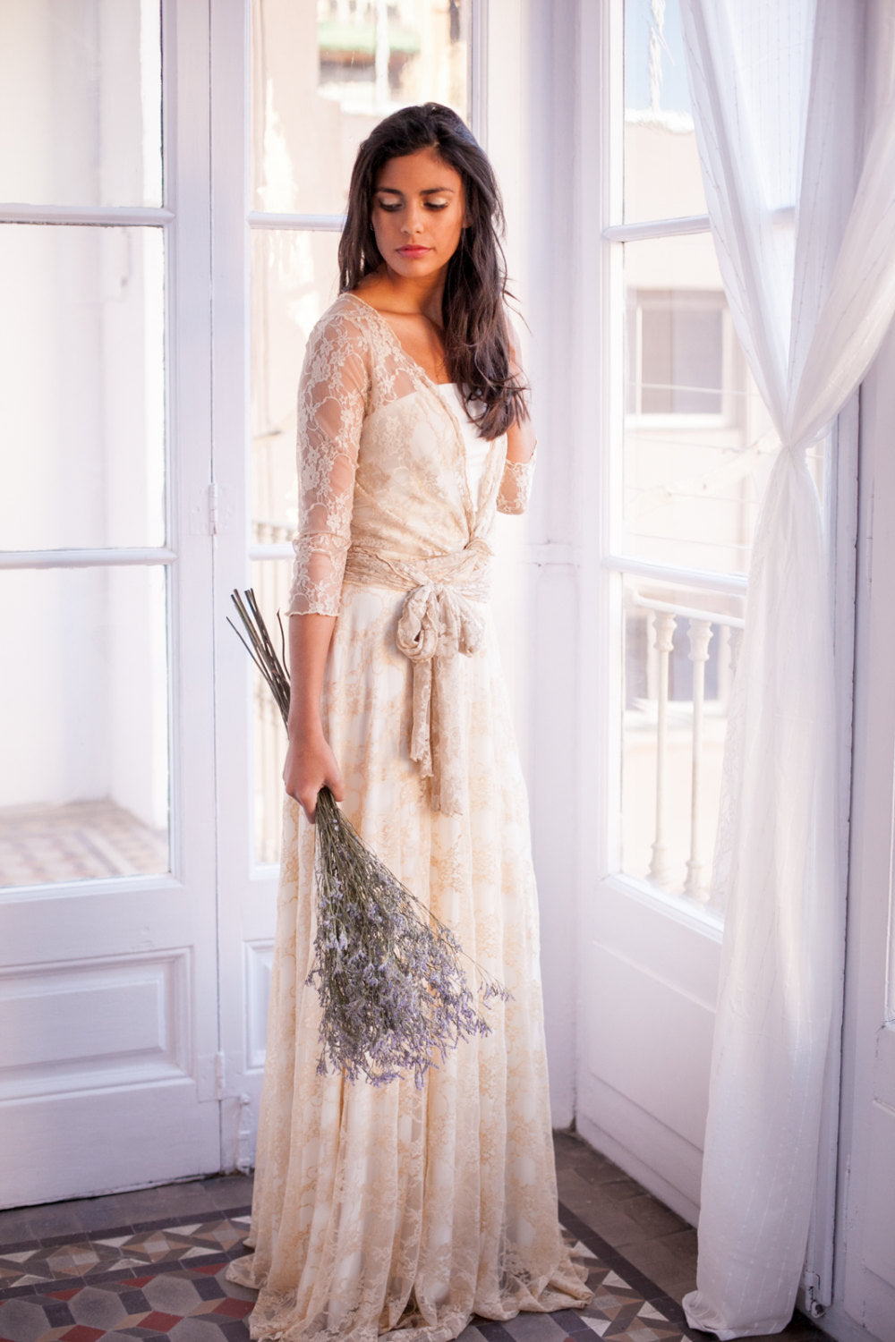 Long sleeve lace wedding dress, lace bridal gowns, romantic wedding dress, lace gown, lace sleeves, lace maxi dress, wrap lace b